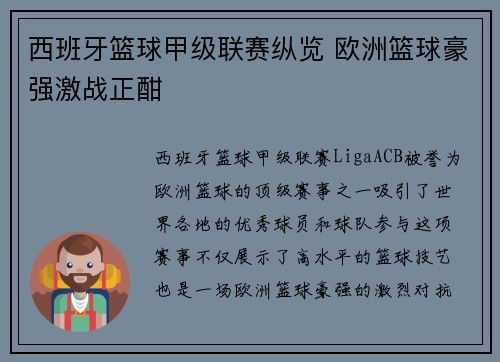 西班牙篮球甲级联赛纵览 欧洲篮球豪强激战正酣